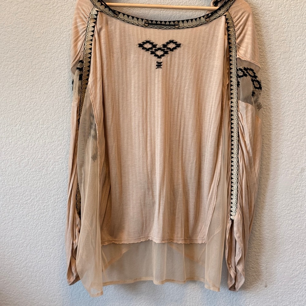 Free People Tunic Boho Embroidered Mesh Womens L Tan Black Tassel V-Neck Top - Picture 11 of 11